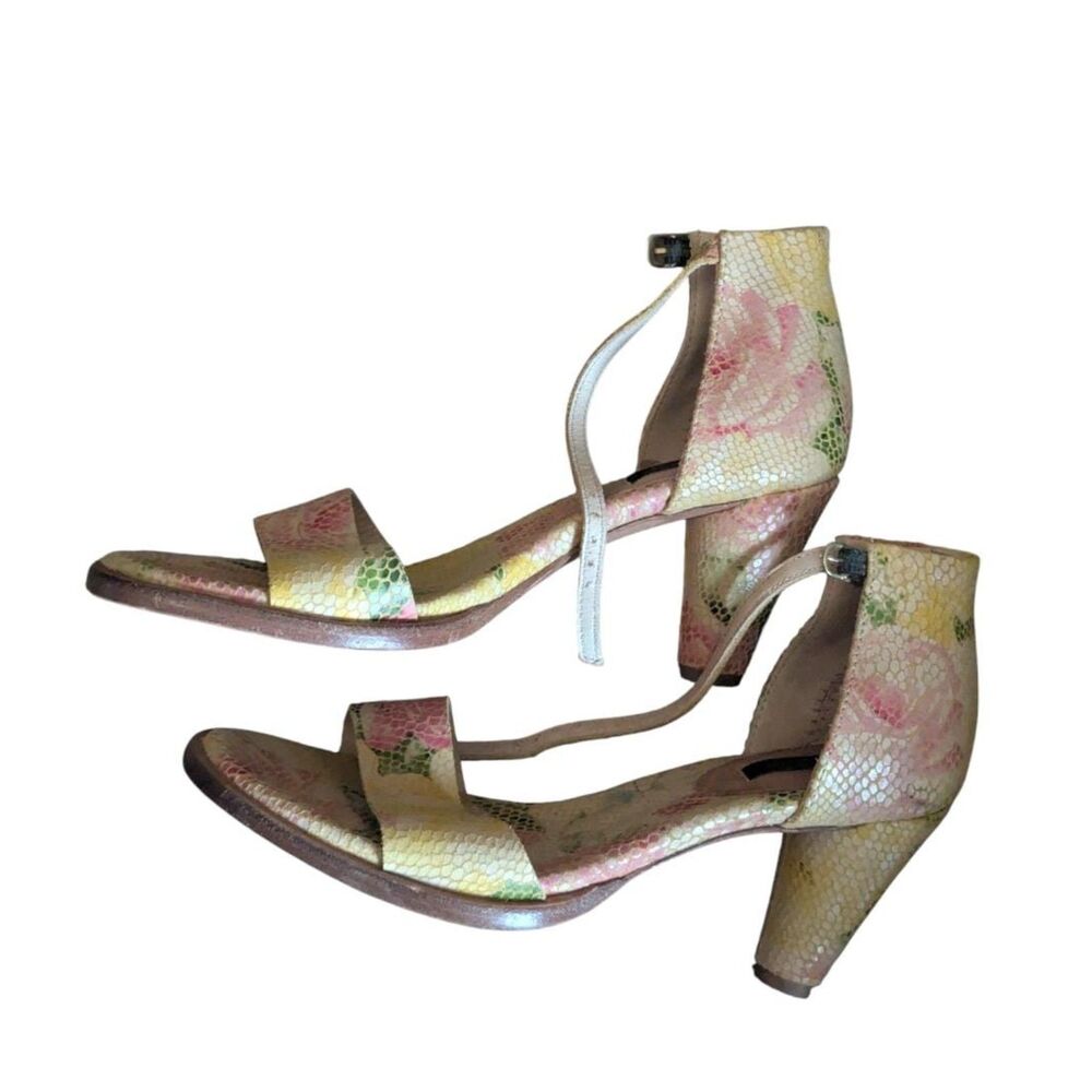 Neosens Floral Snakeskin Print Leather Block Heel Sandals US 8.5 Made in Spain